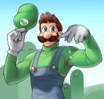  1boy big_nose blue_eyes blue_overalls blue_sky brown_hair commentary day english_commentary facial_hair gloves green_headwear green_sweater hat hat_removed headwear_removed highres luigi male_focus manly mario_(series) mountainous_horizon mustache sky solo sweat sweater thick_eyebrows turtleneck turtleneck_sweater wamudraws white_gloves wiping_sweat 