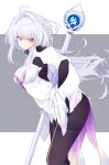  1girl absurdres ahoge bangs black_pants blush breasts fate/grand_order fate/grand_order_arcade fate/prototype fate_(series) hair_intakes highres holding holding_staff long_hair looking_at_viewer medium_breasts merlin_(fate/prototype) miya_ur pants purple_eyes robe_lift sidelocks solo staff white_hair white_robe 