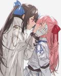 2girls aogisa blue_hair blush commentary_request crying crying_with_eyes_open face-to-face girls_frontline gloves hexagram highres jacket jacket_on_shoulders jericho_(girls_frontline) military military_uniform multiple_girls negev_(girls_frontline) pink_eyes pink_hair star_of_david tears uniform white_uniform yuri 