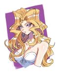  1girl blonde_hair breasts cleavage closed_mouth collarbone cropped_arms cropped_torso earrings hair_between_eyes jewelry kujaku_mai long_hair looking_at_viewer medium_breasts purple_background purple_eyes shiny shiny_hair shiny_skin sketch smile solo strapless torinomaruyaki two-tone_background very_long_hair white_background yu-gi-oh! yu-gi-oh!_duel_monsters 