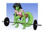  anthro barbell black_hair breasts cleavage clothed clothing exercise female green_body hair hi_res lizard non-mammal_breasts reptile scalie solo spiralingstaircase weightlifting workout 