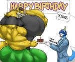  2020 anthro banner big_bulge big_muscles birthday birthday_cake birthday_hat blue_hair bottomwear brown_hair bulge cake candle canid canine clothing duo english_text eyes_closed food fox hair hi_res holding_object huge_bulge huge_muscles hybrid hyper hyper_bulge hyper_muscles hyper_pecs looking_at_another male mammal mario_bros mark_(marvolk) marvolk muscular necktie nintendo nipples open_mouth pants shirt size_difference text tongue tongue_out topwear video_games yoshi yoshils_(character) 