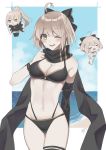 1girl ;d ahoge asymmetrical_sleeves bikini black_bikini black_bow black_scarf black_sleeves blush border bow breasts brown_eyes cleavage cowboy_shot detached_sleeves fate/grand_order fate_(series) hair_bow long_sleeves looking_at_viewer medium_breasts multi-strapped_bikini navel okita_souji_(fate)_(all) okita_souji_(swimsuit_assassin)_(fate) one_eye_closed open_mouth oshage_(user_kpsn5534) scarf shiny shiny_hair short_hair silver_hair smile solo standing swimsuit white_border 