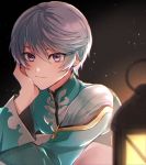  1boy ari_(bleum) bangs blurry_foreground closed_mouth hair_between_eyes head_rest lantern long_sleeves looking_at_viewer male_focus mikleo_(tales) purple_eyes shiny shiny_hair silver_hair smile solo tales_of_(series) tales_of_zestiria 