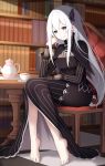  1girl absurdres barefoot black_dress breasts butterfly_hair_ornament chair closed_mouth cup dress echidna_(re:zero) full_body hair_between_eyes hair_ornament highres indoors library long_hair long_sleeves looking_at_viewer lucky_keai re:zero_kara_hajimeru_isekai_seikatsu sitting smile solo table tea teacup teapot very_long_hair white_hair 