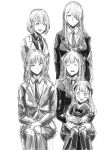  5girls ak-12_(girls_frontline) ak-15_(girls_frontline) ak-alfa_(girls_frontline) an-94_(girls_frontline) blush chika_(keiin) closed_eyes commentary_request defy_(girls_frontline) family_portrait formal girls_frontline highres long_hair multiple_girls necktie one_eye_covered rpk-16_(girls_frontline) short_hair sketch smile suit suit_jacket thighhighs younger 