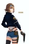  1girl absurdres back black_legwear blue_jacket brown_hair closed_mouth denim denim_shorts eyebrows_visible_through_hair eyewear_on_head girls_frontline gloves grey_gloves grizzly_mkv grizzly_mkv_(girls_frontline) gun hand_on_hip handgun highres holding holding_gun holding_weapon holster jacket looking_at_viewer looking_back purple_eyes ritta_(abmnoworld) short_hair shorts single_thighhigh solo standing thighhighs weapon white_background 