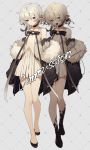  1girl bare_shoulders brown_eyes commission detached_sleeves full_body fur_collar grey_hair highres original patterned_background shoes silver_hair smile solo suteinua watermark 