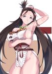  1girl arm_behind_head arm_under_breasts arm_up armpits bare_shoulders blush body_markings breasts brown_eyes brown_hair closed_mouth dress facial_mark fate/grand_order fate_(series) forehead forehead_mark highres himiko_(fate) large_breasts long_hair looking_at_viewer magatama magatama_necklace mrnn sash side_slit sideboob smile thighs topknot white_dress 