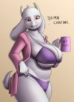  annoyed anthro big_breasts boss_monster bovid bra breasts caprine cleavage clothed clothing creatiffy digital_media_(artwork) female fur goat grumpy hi_res horn huge_breasts humanoid long_ears mammal open_mouth panties simple_background skimpy solo toriel under_boob undertale underwear video_games white_body white_fur 