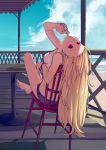  1girl alternate_costume alternate_hairstyle azur_lane barefoot beach blonde_hair blue_sky brushing_teeth chair cleveland_(azur_lane) cloud commentary crop_top from_behind highres indian_style kiiro_(1718) leaning_back long_hair ocean outdoors red_eyes sand shirt sitting sky solo straight_hair table tank_top water white_shirt wristband 