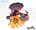  checkered commentary_request fangs full_body gen_1_pokemon gigantamax hashtag looking_down molten_rock no_humans orange_eyes pokemon pokemon_(creature) sido_(slipknot) signature smoke solo weezing 