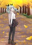  1girl :d anchovy_(girls_und_panzer) arms_behind_back autumn autumn_leaves bangs black_legwear black_ribbon black_skirt blurry blurry_background brown_footwear camera commentary day depth_of_field drill_hair eyebrows_visible_through_hair girls_und_panzer green_hair hair_ribbon holding holding_camera katakori_sugita long_hair long_sleeves looking_at_viewer looking_back miniskirt object_behind_back open_mouth outdoors pantyhose plaid plaid_skirt pleated_skirt red_eyes ribbed_sweater ribbon skirt smile solo standing sweater tree turtleneck twin_drills twintails wind 