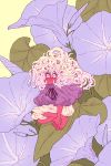  1girl barefoot big_hair blush curly_hair flower hair_between_eyes hands_together leaf long_hair looking_at_viewer minigirl original purple_eyes purple_flower purple_nails rii_abrego signature solo squatting white_hair yellow_background 