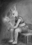  2019 anthro arm_support bench bottomwear bracelet breasts charcoal_(artwork) cigarette clothed clothing collar eyelashes female footwear fur greyscale hi_res jewelry lagomorph leaning_on_elbow leporid looking_down mammal monochrome notched_ear outside rabbit sejantlamb shoes short_tail shorts simple_background sitting sleeveless_shirt smoke_from_mouth smoking solo spiked_bracelet spiked_collar spikes traditional_media_(artwork) trash_bun_(itsded) white_body white_fur 
