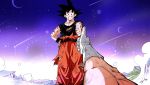  2boys black_eyes black_hair blue_sky blurry clenched_hand clenched_teeth commentary_request crescent_moon depth_of_field dirty dirty_clothes dirty_face dragon_ball dragon_ball_z dust gloves grass grin hand_on_hip hand_up highres hill horizon looking_at_viewer looking_down male_focus moon multiple_boys muscle outdoors pants pectorals pov pov_hands purple_sky rock ruto830 shirt shooting_star signature sky smile son_gokuu spiked_hair standing teeth thumbs_up torn_clothes torn_pants torn_shirt vegeta white_gloves 