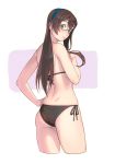  1girl aqua_eyes ass bangs bikini black_bikini brown_hair commentary_request eyebrows from_behind glasses hand_on_hip highres kantai_collection long_hair ooyodo_(kantai_collection) side-tie_bikini sidelocks simple_background solo swimsuit thighs white_background yuuji_(and) 