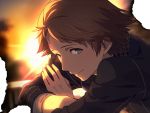  1boy backlighting black_jacket brown_eyes brown_hair burned_paper burnt closed_mouth commentary_request gradient_sky hanamura_yousuke highres jacket looking_at_viewer male_focus persona persona_4 sayshownen short_hair sky smile solo sun sunset twitter_username upper_body watermark 