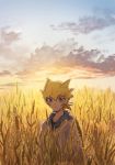  1boy blonde_hair child closed_mouth day jack_atlas jacket looking_at_viewer male_focus outdoors purple_eyes solo torinomaruyaki wheat_field white_jacket younger yu-gi-oh! yu-gi-oh!_5d&#039;s 