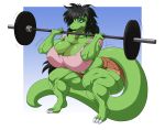  anthro barbell big_breasts black_hair breasts cleavage clothed clothing crouching exercise female green_body hair hi_res lizard muscular muscular_anthro muscular_female non-mammal_breasts reptile scalie solo spiralingstaircase weightlifting workout 