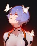  1girl absurdres ayanami_rei bangs bodysuit bug butterfly commentary flying glowing gradient gradient_background hair_between_eyes highres insect jesse_(pixiv34586727) light_purple_hair looking_up neon_genesis_evangelion parted_lips plugsuit red_eyes reflective_eyes shiny shiny_hair short_hair solo upper_body white_bodysuit 