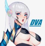  1girl adapted_costume alternate_hair_color alternate_hairstyle aqua_eyes bikini bikini_top black_bikini blue_bodysuit bodysuit breasts celestial_d.va character_name d.va_(overwatch) eyelashes eyeshadow glitter headpiece highres iridescent large_breasts lipstick looking_at_another makeup medium_hair open_mouth overwatch pilot_suit r.keensies red_lipstick simple_background skin_tight solo string_bikini swimsuit white_background white_hair 