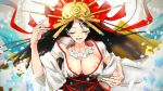  1girl artist_request bangs bare_shoulders bead_necklace beads black_hair body_markings breasts cleavage closed_eyes facial_mark fate/grand_order fate_(series) forehead forehead_mark headpiece highres himiko_(fate) japanese_clothes jewelry kimono large_breasts long_hair long_sleeves looking_at_viewer magatama magatama_necklace necklace no_bra off_shoulder open_mouth parted_bangs sideboob smile white_kimono wide_sleeves 