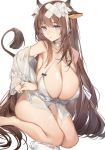  1girl animal_ears azur_lane bangs bikini blush bottle breasts brown_hair choker cleavage collarbone covered_nipples cow_ears cow_girl cow_horns cow_tail eyebrows_visible_through_hair flower hair_flower hair_ornament halterneck highres horns huge_breasts kaerunoko kashino_(after-bath_pleasure)_(azur_lane) kashino_(azur_lane) long_hair looking_at_viewer milk milk_bottle purple_eyes simple_background sitting solo spill suggestive_fluid swimsuit tail thighs very_long_hair wariza white_background white_bikini white_flower 