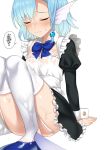  1girl apron arm_support bangs black_dress blue_bow blue_hair blue_neckwear blush bow bowtie closed_eyes closed_mouth commentary_request dress enjou_kouhai_oshiego_wa_elf_ryuu_ningyo_jinrou eyebrows_visible_through_hair frilled_apron frilled_dress frills hair_ornament highres juliet_sleeves long_sleeves maid maid_headdress mermaid monster_girl panties puffy_sleeves see-through short_hair simple_background sitting solo spoken_squiggle squiggle sweat takunomi thighhighs underwear wet wet_clothes white_apron white_background white_legwear 