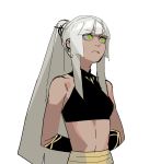  1girl arms_behind_back bare_shoulders breasts closed_mouth dark_skin earrings gogalking grey_hair highres jewelry long_hair medium_breasts original ponytail shagal_(gogalking) simple_background solo upper_body very_long_hair white_background 