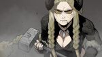  1girl blonde_hair braid braided_ponytail breasts bruise bruise_on_face cleavage cleavage_cutout closed_mouth clothing_cutout curled_horns gogalking grey_background hammer highres holding holding_hammer holding_weapon horizontal_pupils horns injury long_hair looking_at_viewer original side_braid solo upper_body ur-bracka_(gogalking) very_long_hair war_hammer weapon yellow_eyes 