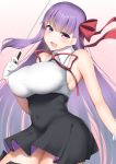  1girl bangs bare_shoulders bb_(fate)_(all) bb_(fate/extra_ccc) black_skirt breasts fate/extra fate/extra_ccc fate_(series) gloves hair_ribbon high-waist_skirt highres holding holding_wand kitajima_yuuki large_breasts leotard long_hair neck_ribbon open_mouth purple_eyes purple_hair red_ribbon ribbon skirt smile very_long_hair wand white_gloves white_leotard 