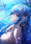  1girl air_bubble bare_shoulders blue_hair blue_nails blue_theme breasts bubble caustics cleavage crying crying_with_eyes_open from_side hand_up head_fins highres large_breasts lkeris long_hair looking_at_viewer looking_to_the_side mole mole_under_eye nail_polish original parted_lips profile purple_eyes scales sidelocks solo tears underwater upper_body water 