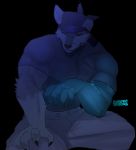  anthro bottomwear canid canine canis clothed clothing durag eyes_closed glowing_arms goon_(goonie_san) goonie-san hand_on_leg hi_res male mammal pants shirt sitting solo topwear wolf 