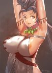  1girl areola_slip areolae armpits arms_behind_head arms_up bare_shoulders body_markings breasts brown_eyes brown_hair dress fate/grand_order fate_(series) forehead himiko_(fate) jack_hamster large_breasts long_hair looking_at_viewer magatama magatama_necklace no_bra parted_lips sash sideboob smile topknot twintails white_dress 