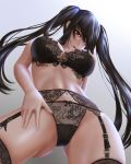  1girl absurdres bangs black_bra black_hair black_legwear black_panties bra breasts clock_eyes date_a_live from_below garter_belt groin hand_on_own_chest heterochromia highres large_breasts long_hair looking_at_viewer panties parted_lips red_eyes red_lips sidelocks smile solo standing stomach symbol-shaped_pupils thighhighs thighs tokisaki_kurumi twintails underwear underwear_only yellow_eyes yuzuriha_(pixiv_14248010) 