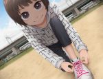  1girl brown_eyes brown_hair commentary day dutch_angle hood hoodie looking_at_viewer one_knee original outdoors pun shoelaces shoes short_hair smile solo tying_shoes yajirushi_(chanoma) 