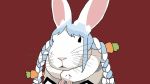  blue_hair braid bunny carrot_hair_ornament food_themed_hair_ornament gogalking hair_ornament hololive no_humans red_background simple_background twin_braids twintails usada_pekora white_hair 