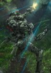  damaged firing from_above from_behind gun holding holding_gun holding_weapon jungle mecha mozuo nature no_humans original science_fiction solo weapon 
