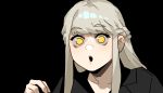 1girl :o black_border blonde_hair border braid commentary first_we_feast french_braid gogalking grey_hair highres junior_(gogalking) looking_at_viewer original solo symbol_commentary wide-eyed yellow_eyes 