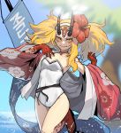  1girl absurdres arm_tattoo beach blonde_hair blurry blurry_background closed_mouth depth_of_field eyeshadow facial_mark fate/grand_order fate_(series) flower forehead_mark forehead_tattoo gogalking hair_flower hair_ornament hands_up highres horns ibaraki_douji_(fate/grand_order) japanese_clothes kimono long_sleeves looking_at_viewer makeup one-piece_swimsuit open_clothes open_kimono red_flower sandals slit_pupils smile solo standing standing_on_one_leg swimsuit tattoo twintails white_swimsuit wide_sleeves yellow_eyes 