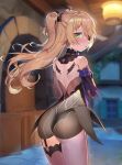  1girl ass bare_shoulders black_legwear blonde_hair breasts dress elbow_gloves eyepatch fischl_(genshin_impact) from_behind garter_straps genshin_impact gloves green_eyes hair_ornament hair_over_one_eye hair_ribbon highres long_hair looking_at_viewer ohihil open_mouth ribbon single_thighhigh small_breasts solo thighhighs two_side_up 