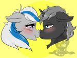  4:3 black_body black_fur blue_eyes blue_highlights blush boop duo equid equine female feral fur grey_body grey_fur grey_mane hasbro headshot_portrait hi_res highlights_(coloring) horn kikisinkspray lady_lightning_strike_(oc) looking_at_another male male/female mammal mane my_little_pony portrait purple_eyes simple_background smile the_ghost_(oc) unicorn 