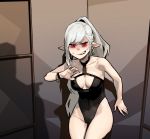  1girl ? bare_shoulders black_swimsuit bracelet breasts buckle choker cleavage cleavage_cutout clothing_cutout earrings gogalking grey_hair highres jewelry long_hair looking_at_viewer one-piece_swimsuit original pale_skin pointing ponytail pov red_eyes solo speech_bubble sweatdrop swimsuit teeth textless unbuckled vampire_(gogalking) 