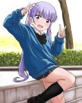  1girl :d apita_(apitaro) black_legwear day double_v flower hair_flower hair_ornament kneehighs leaning long_hair looking_at_viewer new_game! open_mouth outdoors purple_eyes purple_hair skindentation sleeves_past_wrists smile solo suzukaze_aoba twintails v 