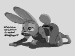  2020 4:3 all_fours anthro clothed clothing disney english_text female fully_clothed fur grey_background hi_res inktober judy_hopps judyhopps44 lagomorph leporid mammal monochrome mouth_hold rabbit simple_background solo text zootopia 