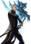  1boy black_coat black_gloves blue_eyes blue_fire coat devil_may_cry devil_may_cry_5 devil_trigger diffraction_spikes fingernails fire gloves glowing glowing_eye gold_trim grey_hair hair_slicked_back highres holding holding_sheath holding_sword holding_weapon katana male_focus open_clothes open_coat parted_lips red9 scabbard scales sheath solo sword vergil weapon white_background yellow_eyes 