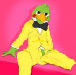  2020 anthro avian beak bird bulge clothed clothing disney erection erection_under_clothing feathers genitals green_body green_feathers jos&eacute;_carioca male parrot posnno simple_background solo the_three_caballeros tongue tongue_out 
