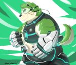  2020 anthro black_nose canid canine canis domestic_dog fur green_body green_fur hi_res kemono kipchin_2nd00 kpc_drawing99 live-a-hero male mammal mokdai overweight overweight_anthro overweight_male solo video_games visor 