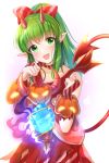  1girl :d bangs bare_shoulders blush bow bridal_gauntlets commentary_request demon_horns demon_tail dress eyebrows_visible_through_hair fire_emblem fire_emblem_heroes glowing green_eyes green_hair hair_bow hands_up head_tilt highres holding horns jack-o&#039;-lantern long_hair looking_at_viewer open_mouth pointy_ears ponytail red_bow red_dress satoimo_chika sidelocks sleeveless sleeveless_dress smile solo tail tail_raised tiki_(fire_emblem) torn_clothes torn_dress white_background 
